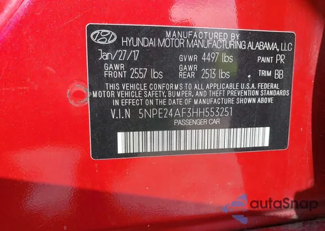 2017 Hyundai Sonata Se z USA, uszkodzony, nr VIN 5NPE24AF3HH553251